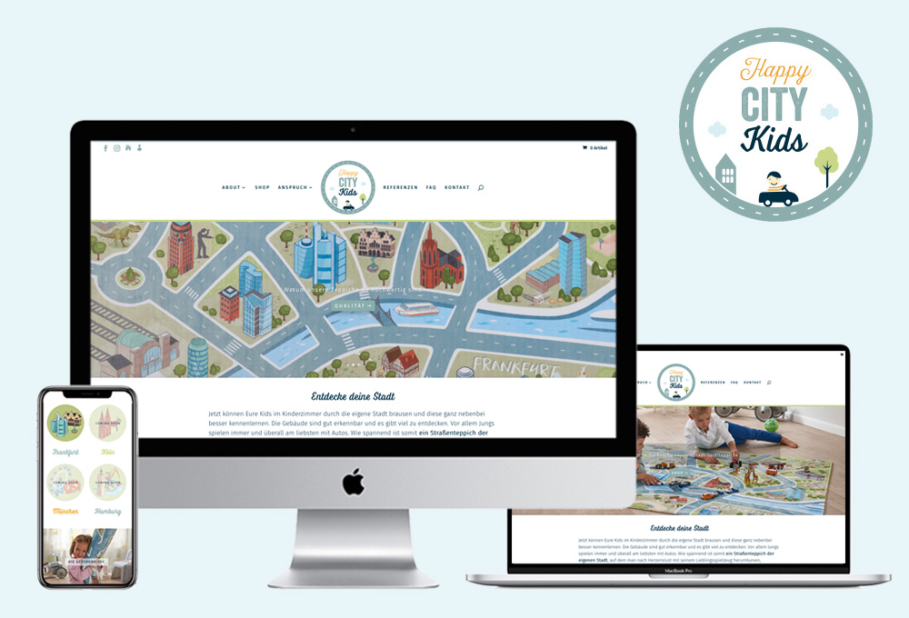 Logo und Webdesign für Spielteppich von happycitykids